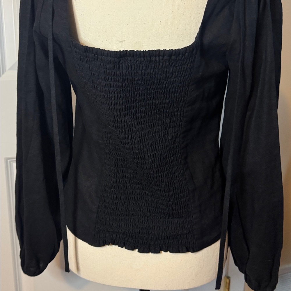 NEW Gap women's square neck peasant top linen blend Black size Med tie backing - Picture 3 of 4